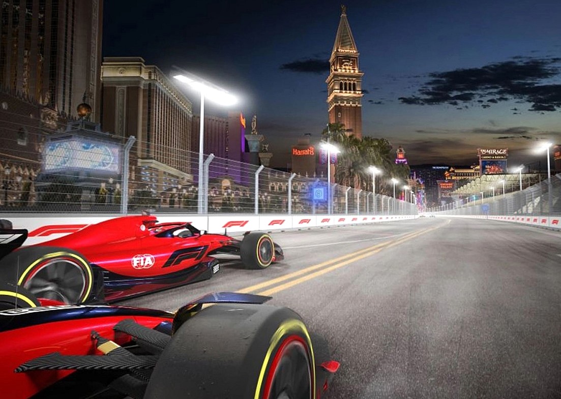 Las Vegas Grand Prix rendering of night race with Mirage